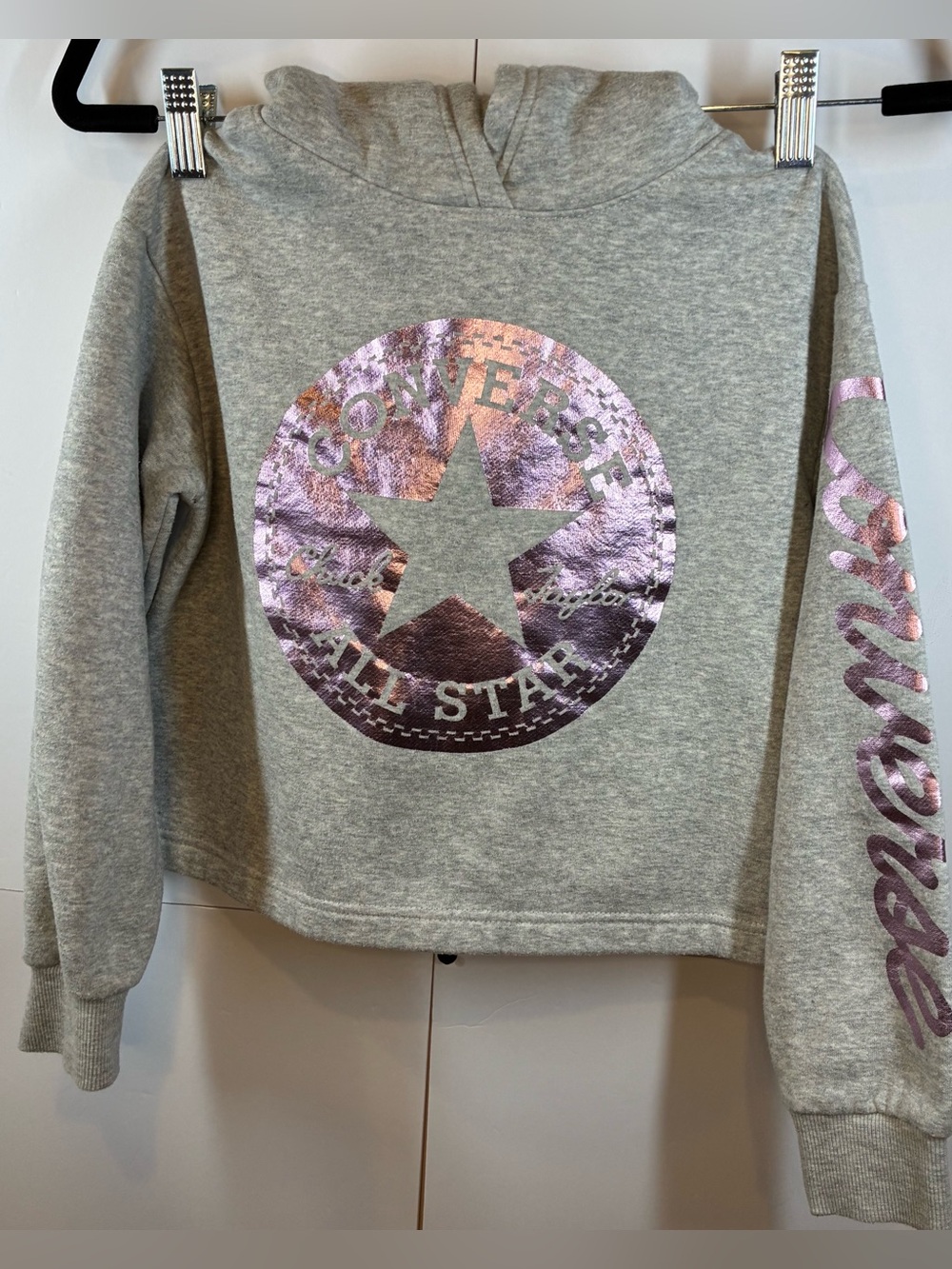 Converse Girls Gray Fleece Pullover Hoodie Metallic Pink Logo Size Small